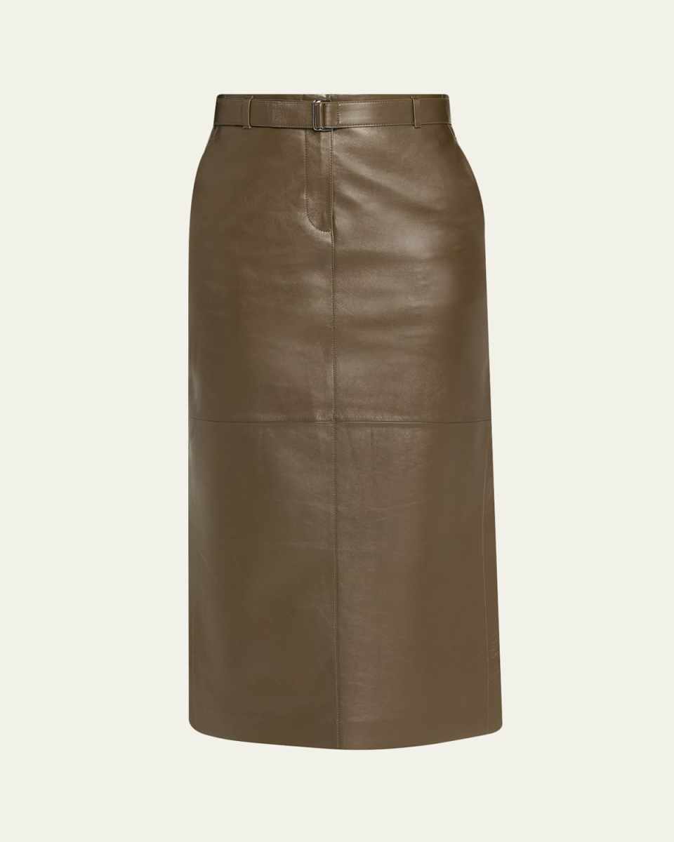 Belted Side-Slit Leather Midi Skirt